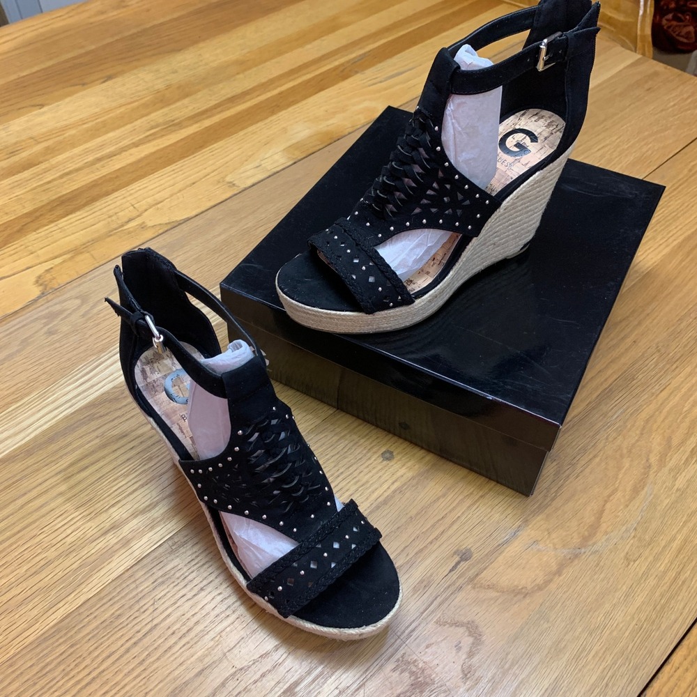 Guess Makayla Black Suede Studded Espadrille Wedge Sandals Women's Size 10M‎ NWT